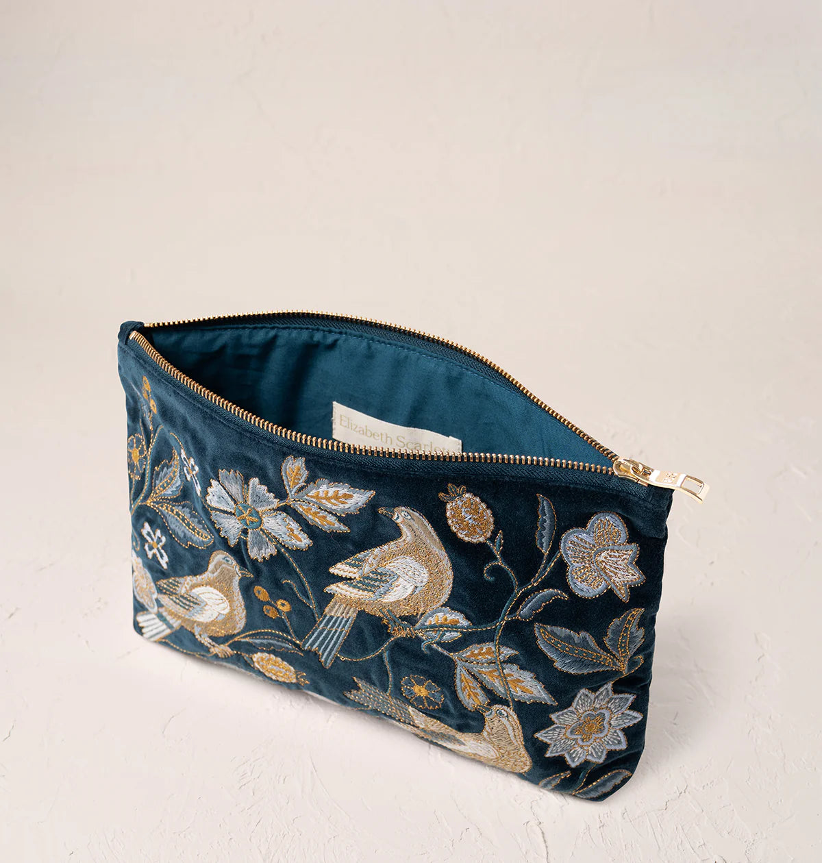 Botanical Birds Velvet Everyday Pouch - Ink Blue - Elizabeth Scarlett