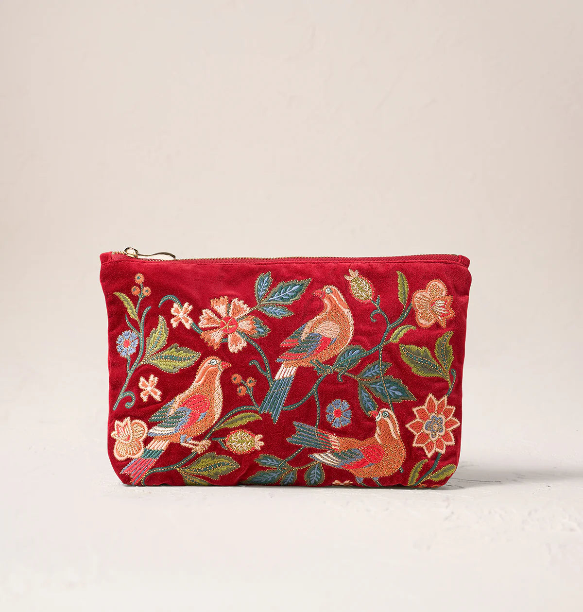 Botanical Birds Velvet Everyday Pouch - Rouge - Elizabeth Scarlett