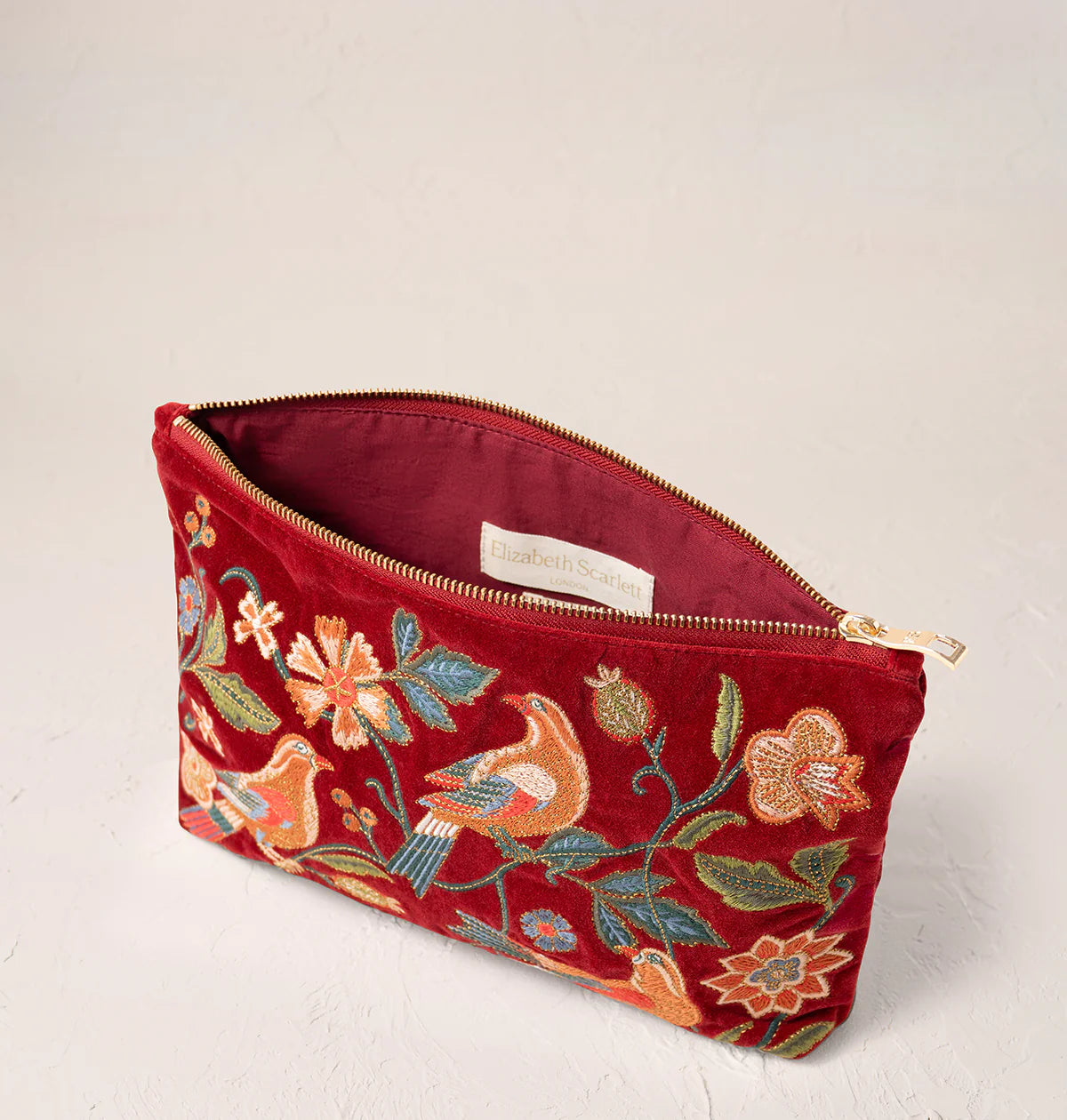 Botanical Birds Velvet Everyday Pouch - Rouge - Elizabeth Scarlett
