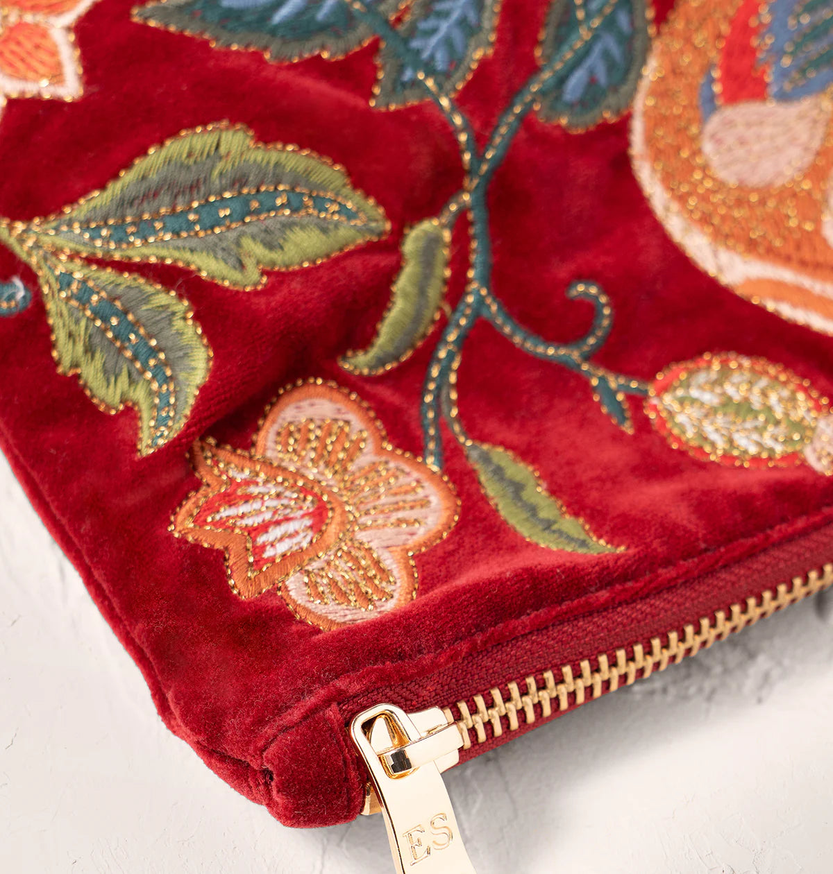 Botanical Birds Velvet Everyday Pouch - Rouge - Elizabeth Scarlett