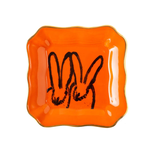 Bunny Portrait Plates - Orange with Hand-Painted Gold Rim - Hunt Slonem Hop Up Shop