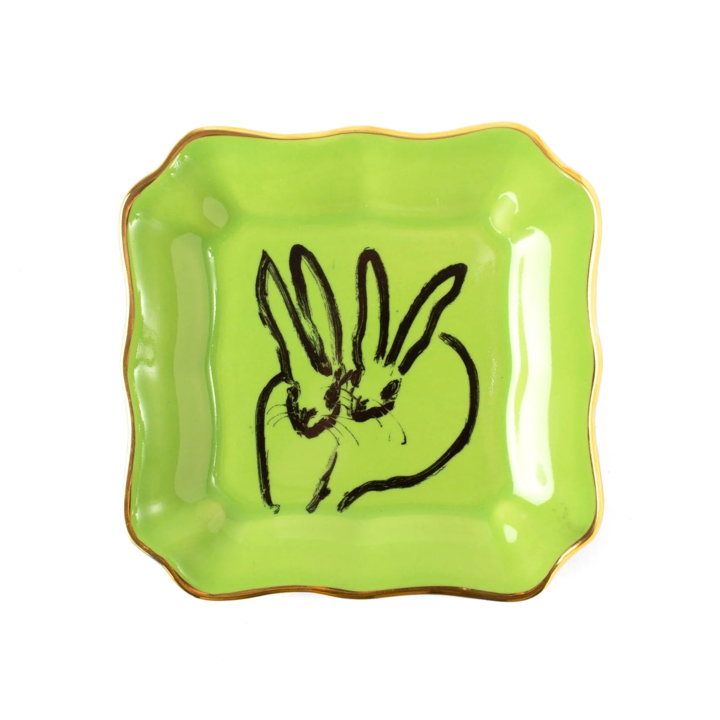 Bunny Portrait Plates - Lime Green with Hand-Painted Gold Rim - Hunt Slonem Hop Up Shop