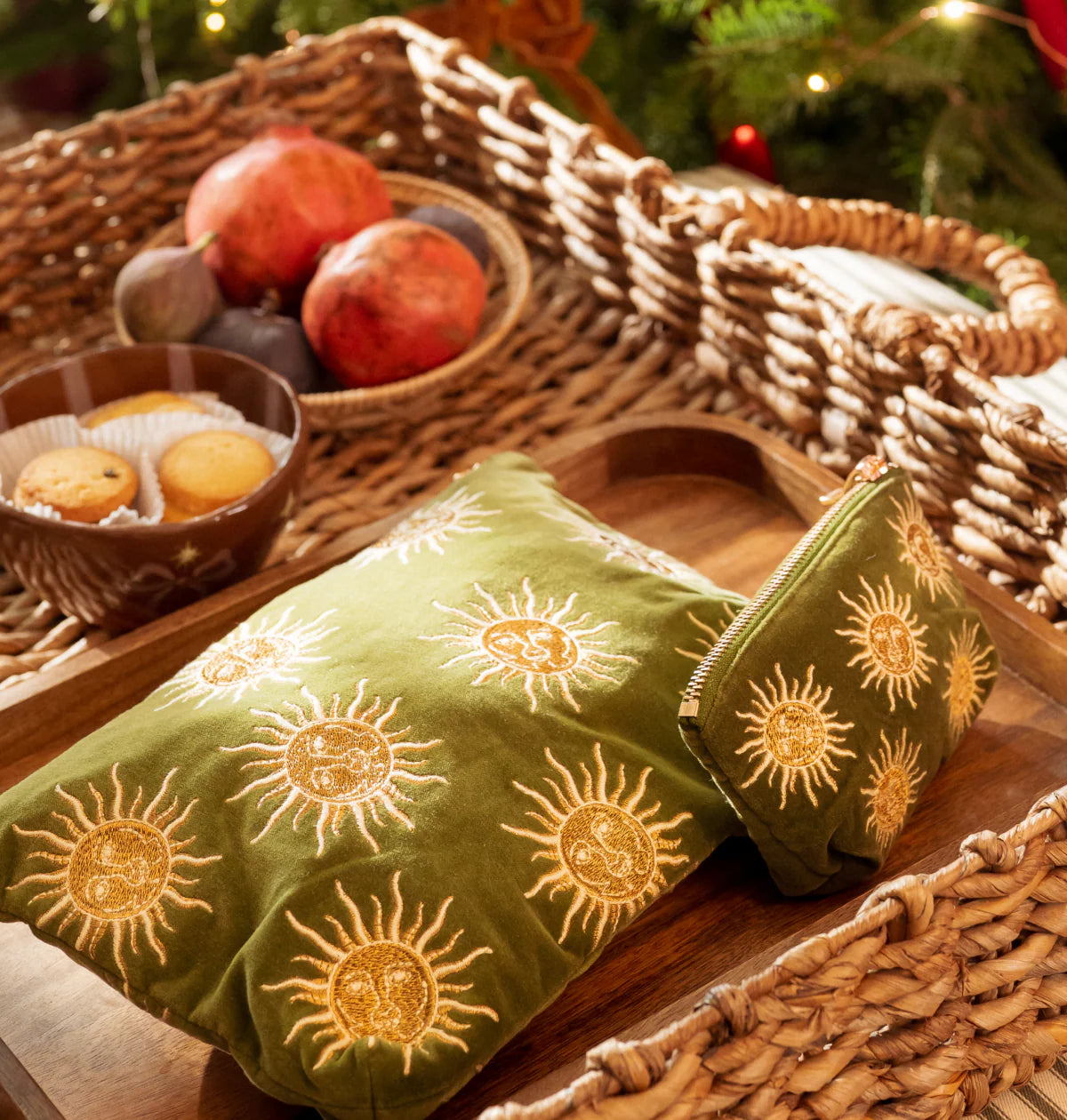 Sun Goddess Fern Green Velvet Everyday Pouch - Elizabeth Scarlett