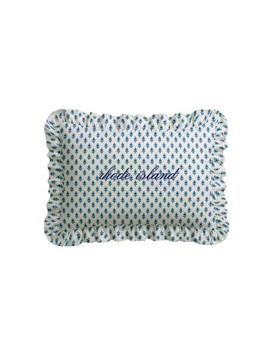Rhode Island Ruffled Embroidered Pillow - Bitty Block Blue