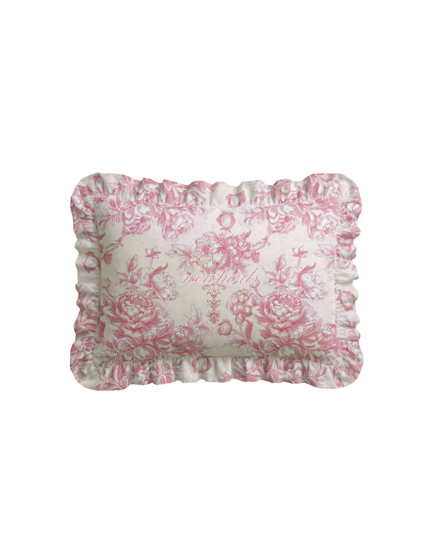 Newport Ruffled Embroidered Pillow - Pink Toile