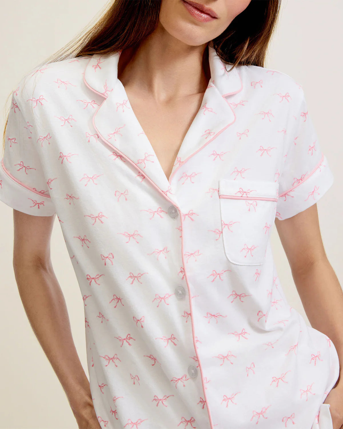 Women's Pima Short Sleeve Short Set in Blushing Bows - Petite Plume