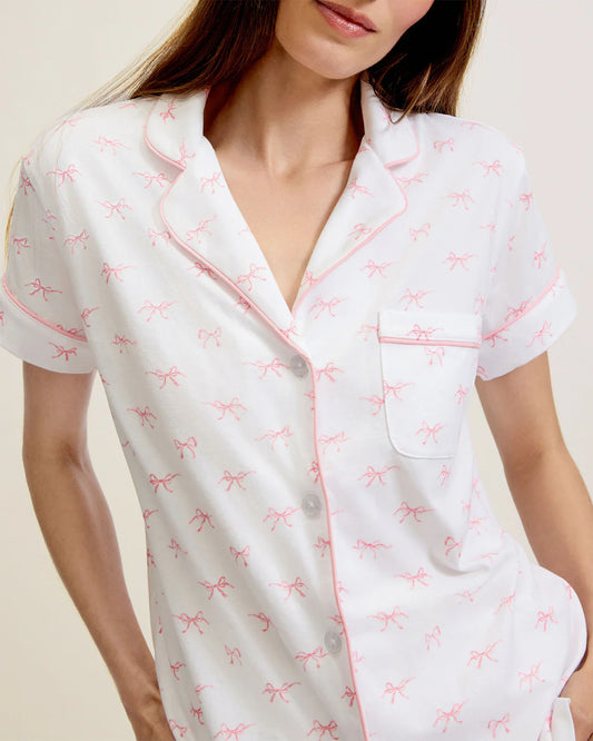 Women's Pima Short Sleeve Short Set in Blushing Bows - Petite Plume