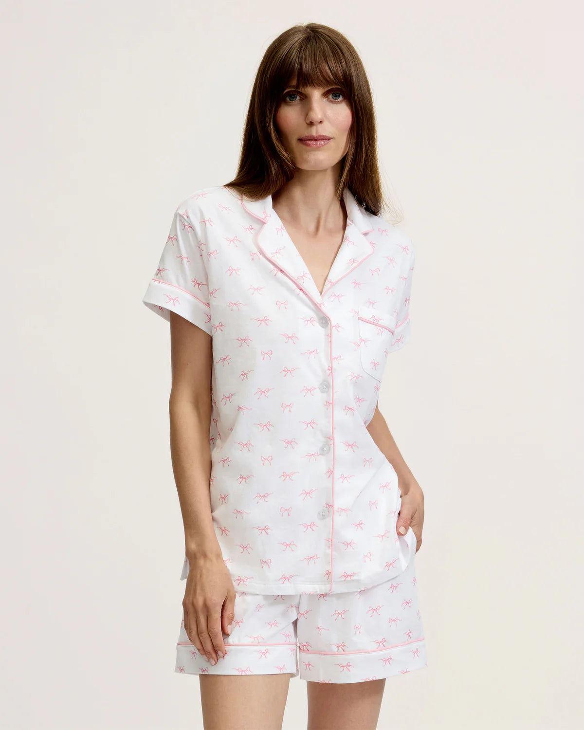 Women's Pima Short Sleeve Short Set in Blushing Bows - Petite Plume