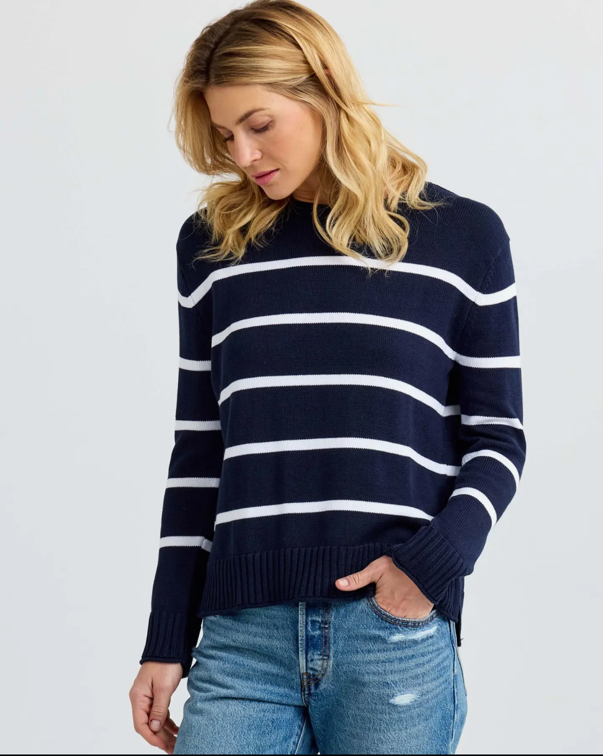 Everyday Cotton Crewneck Sweater - Navy with White Stripes