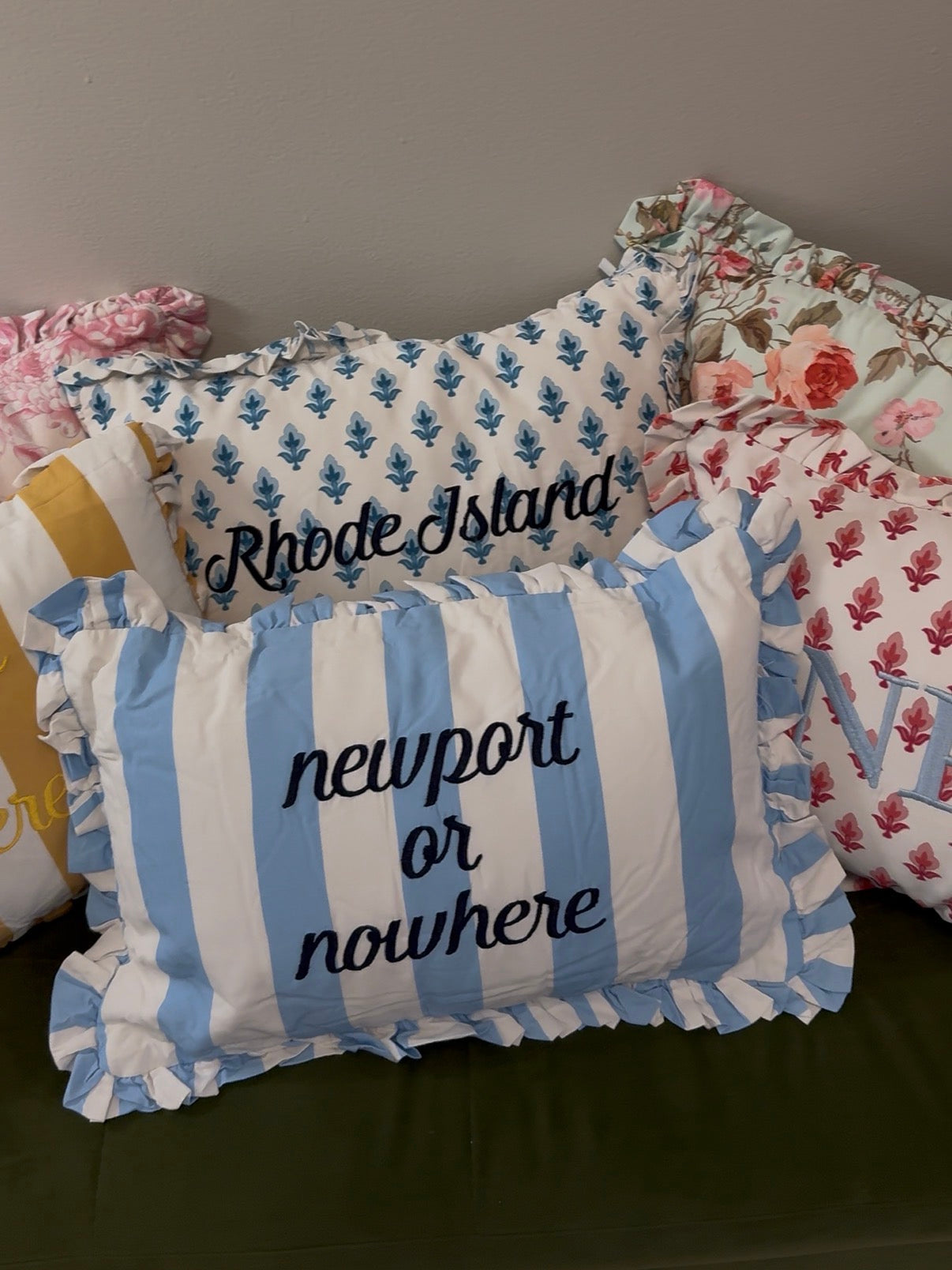 Newport or Nowhere Ruffled Embroidered Pillow - Newport Blue