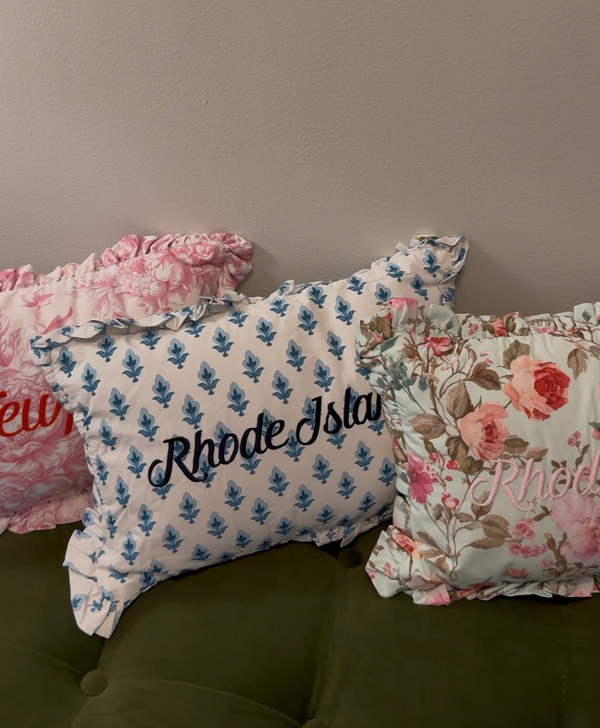 Rhode Island Ruffled Embroidered Pillow - Bitty Block Blue