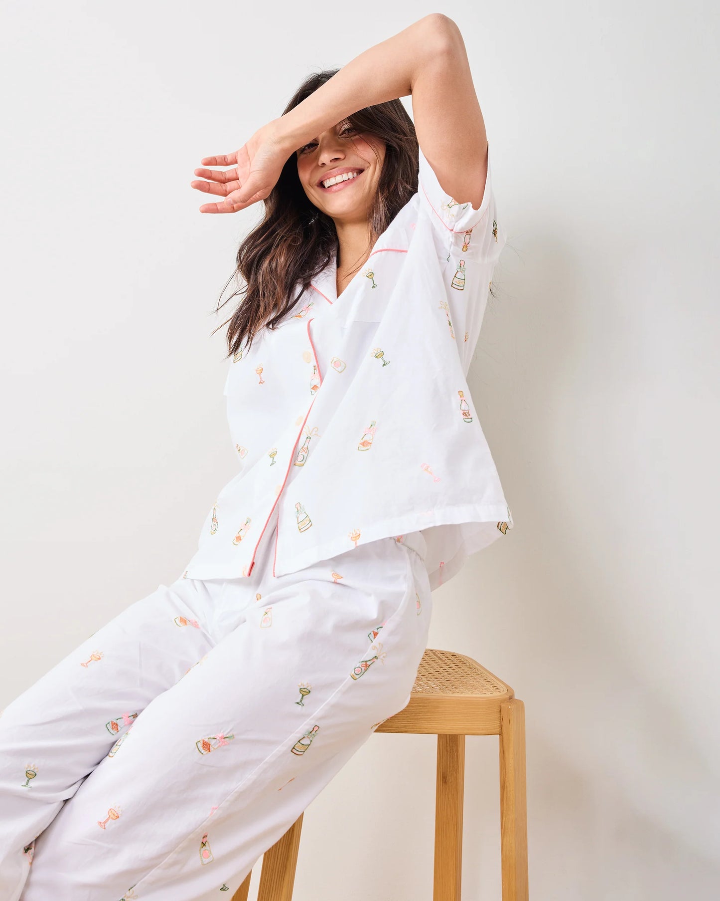 Embroidered Bubbly Brunch Pajama Set - Printfresh