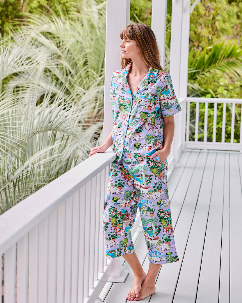 Short Sleeve Top & Cropped Pants Set in Mediterranean Meow - Printfresh