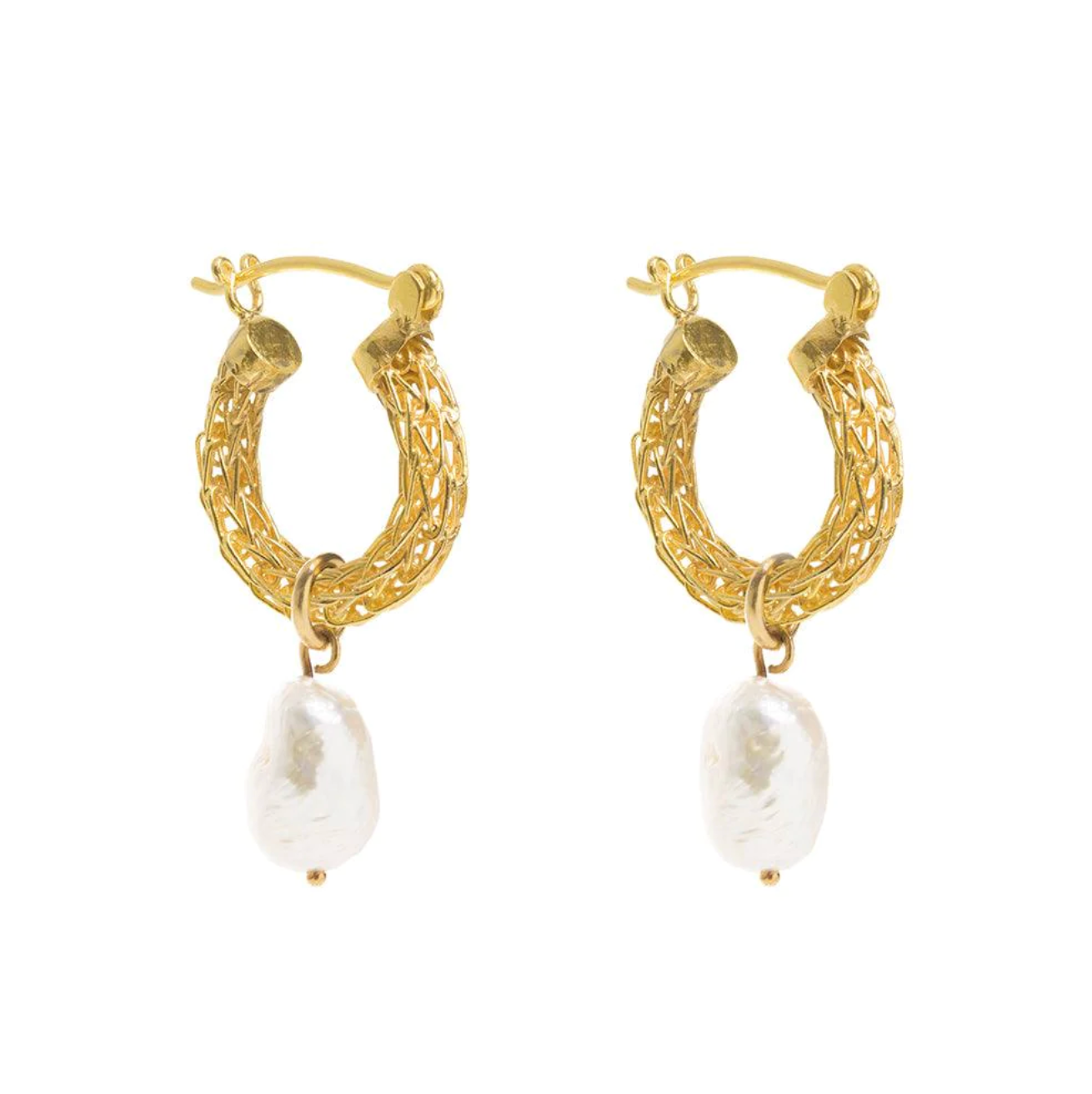 Gold Weave Mini Baroque Pearl Hoops - Freya Rose London