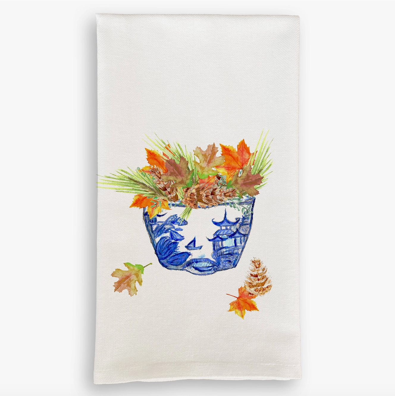Blue & White Bowl with Fall Leave Linen Tea Towel - French Graffiti