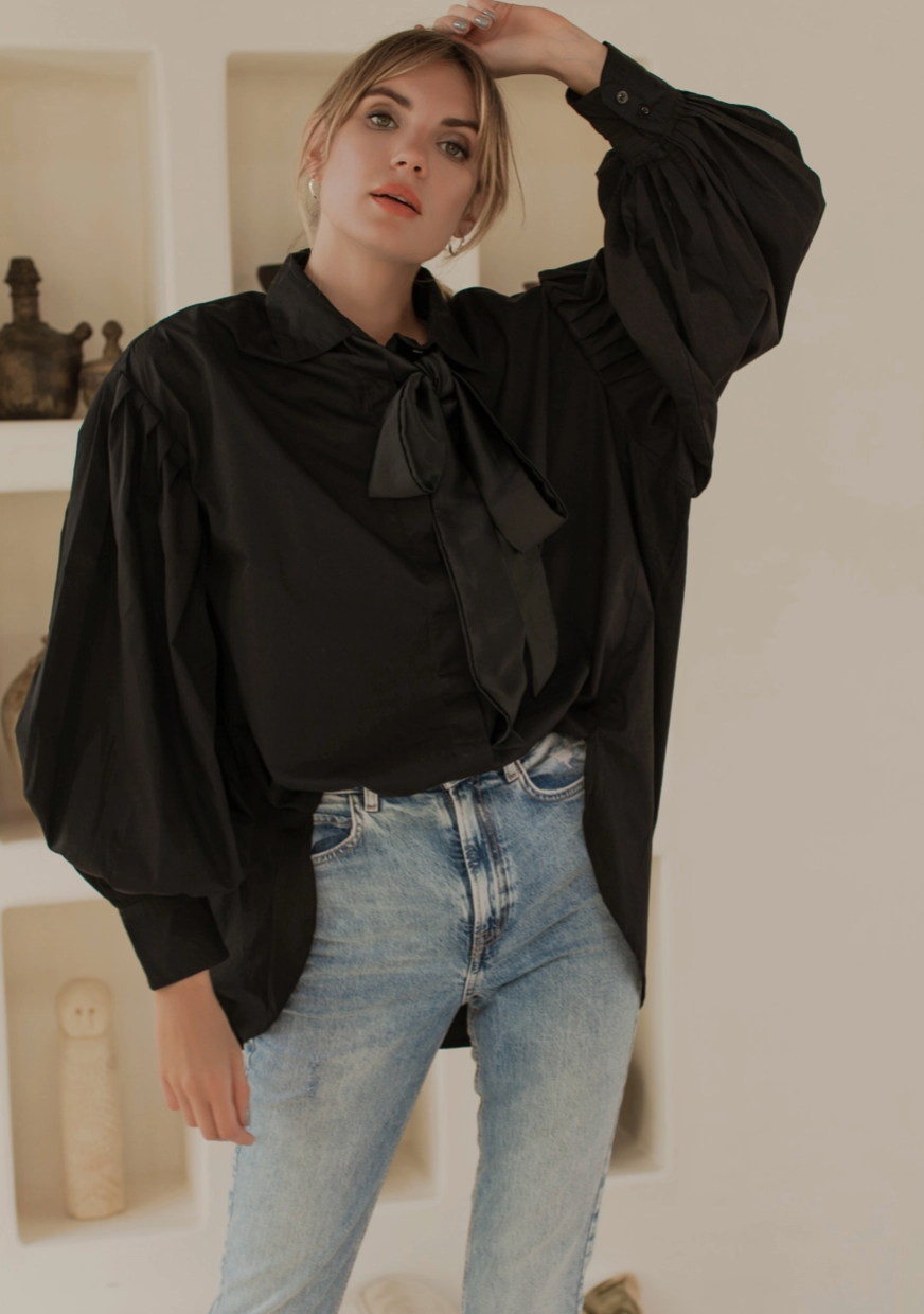 Merci Balloon Sleeve Oversized Shirt - Black