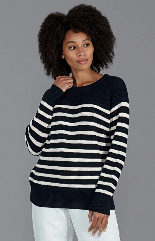 Striped Cotton Ribbed Breton Jumper - Navy/White - Paul James Knitwear