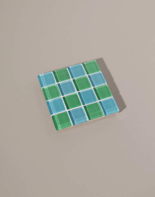 Glass Tile Coaster Checkered -Blue/Green - Subtle Art Studios