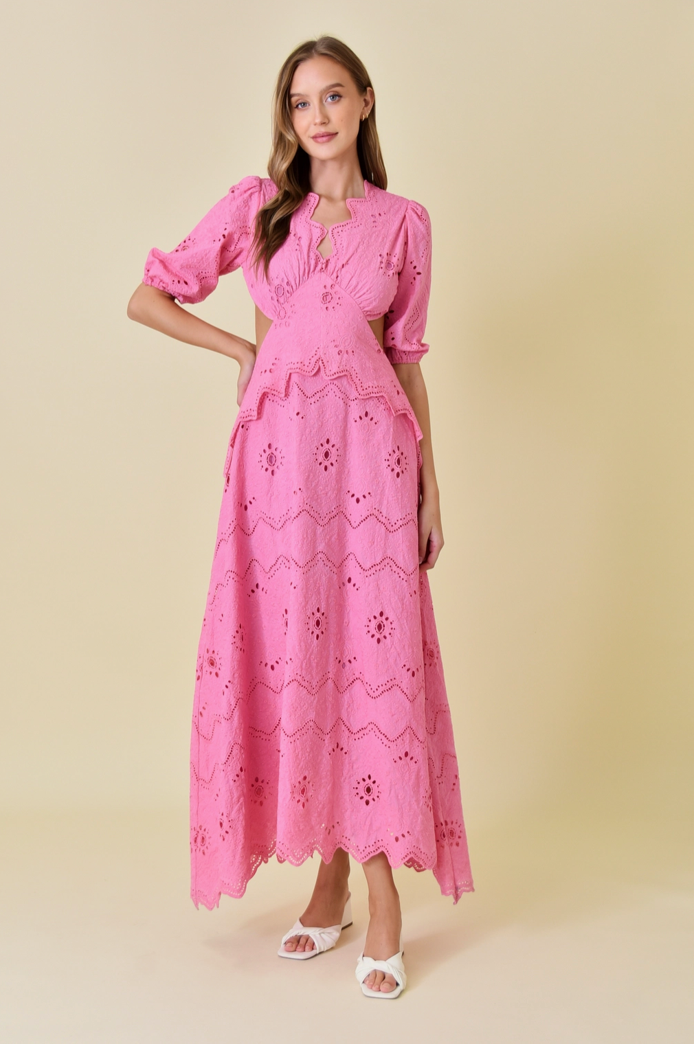 Pink V-Neck Puff Sleeve Eyelet Maxi Dress - Fore Collection