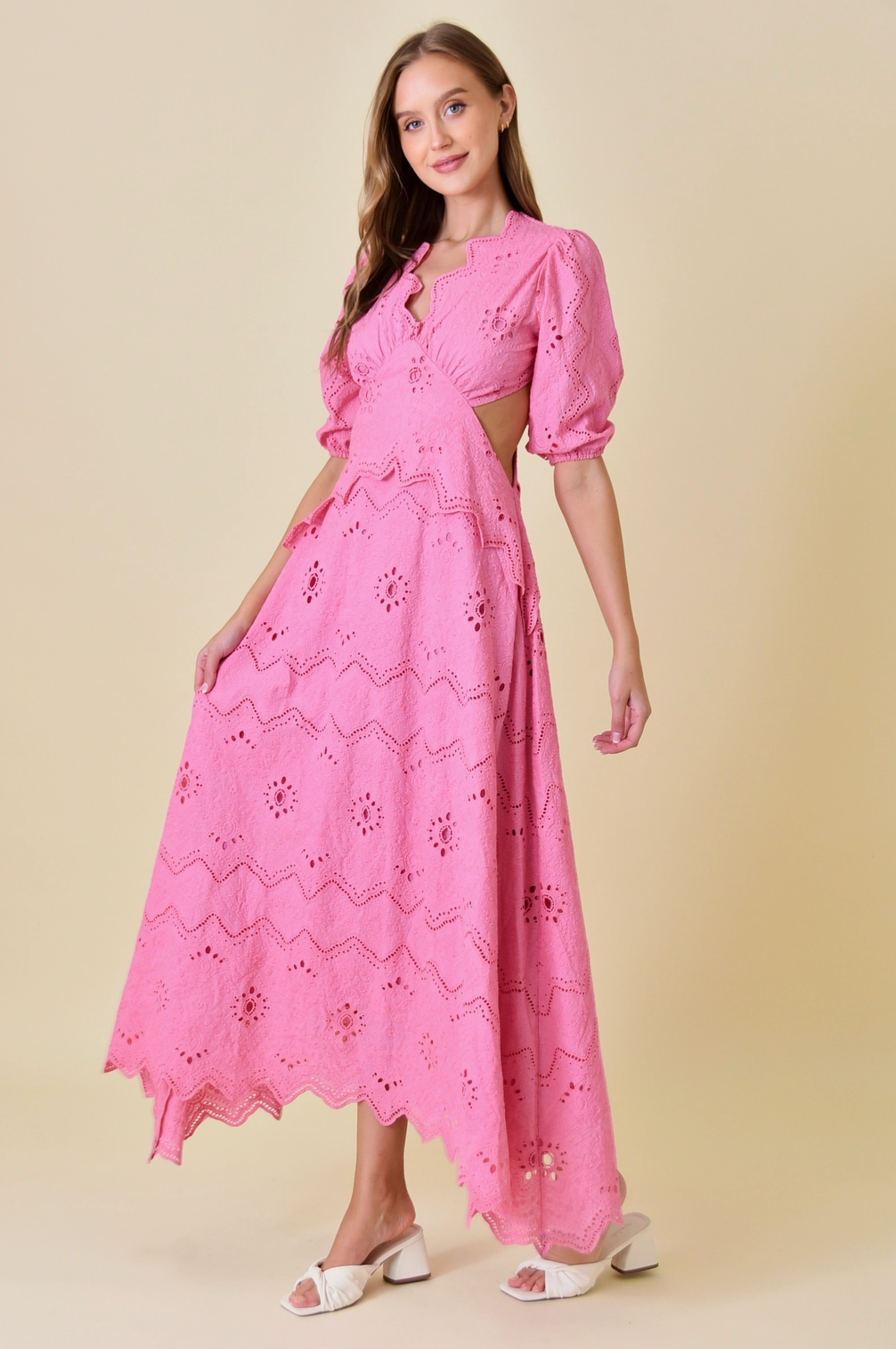 Pink V-Neck Puff Sleeve Eyelet Maxi Dress - Fore Collection