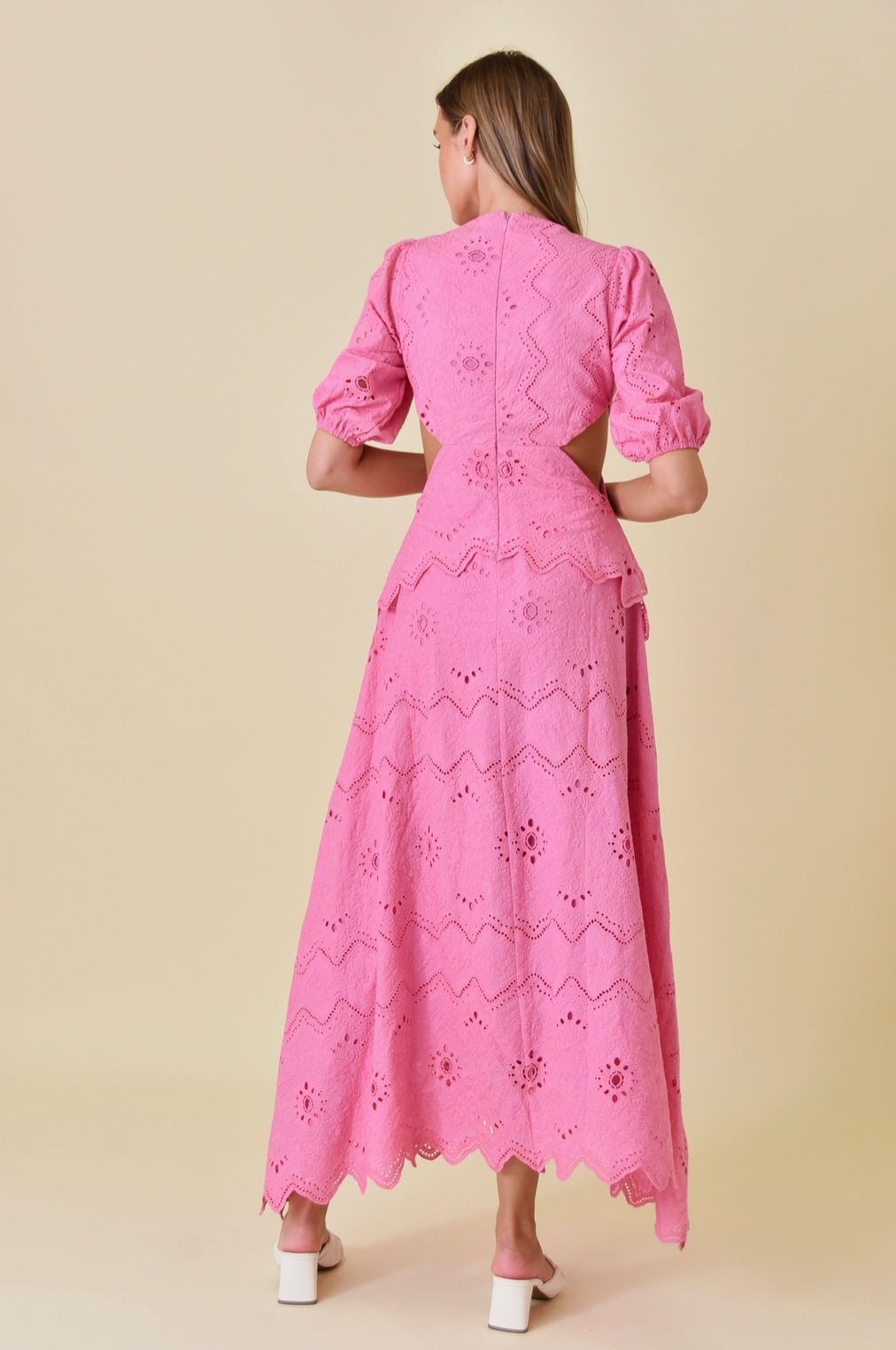 Pink V-Neck Puff Sleeve Eyelet Maxi Dress - Fore Collection