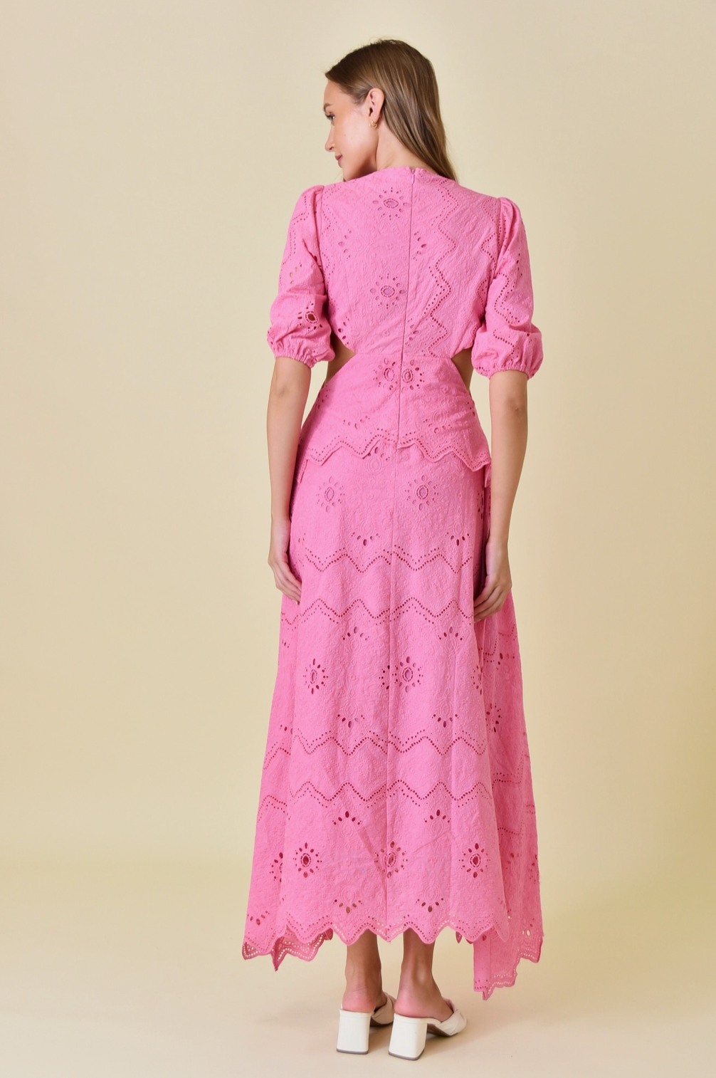 Pink V-Neck Puff Sleeve Eyelet Maxi Dress - Fore Collection