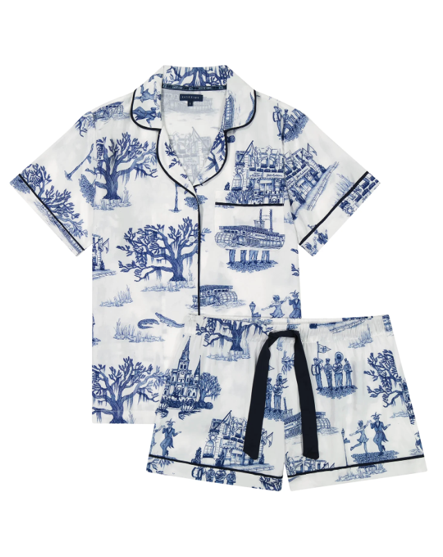 New Orleans Toile Pajama Shorts Set - Navy/White - Katie Kime