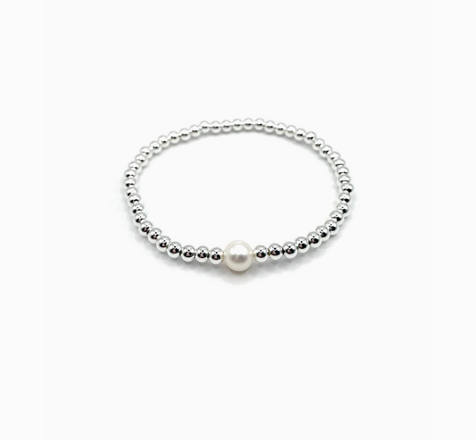 Single Pearl Stretchy Beaded Bracelet - Sterling Silver - Kaylie Dawn