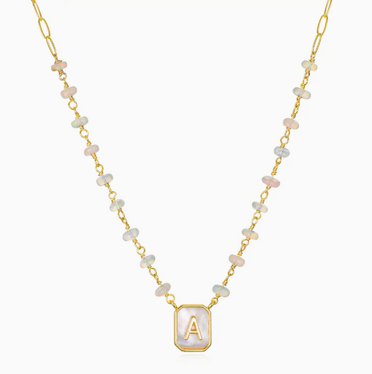 Mother of Pearl & Ethiopian Opal Initial Necklace - Choose Letter - Amelia Rose Jewelry