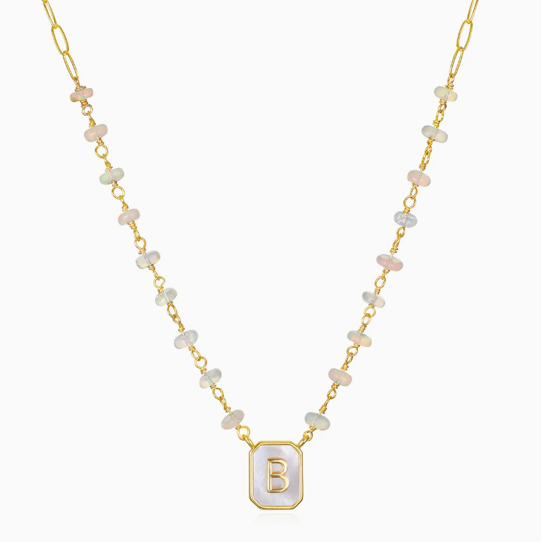 Mother of Pearl & Ethiopian Opal Initial Necklace - Choose Letter - Amelia Rose Jewelry