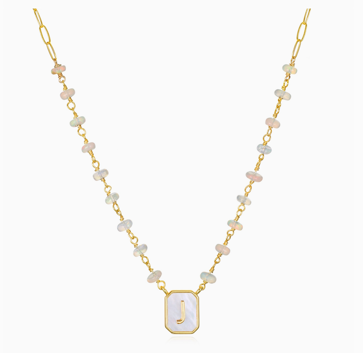 Mother of Pearl & Ethiopian Opal Initial Necklace - Choose Letter - Amelia Rose Jewelry