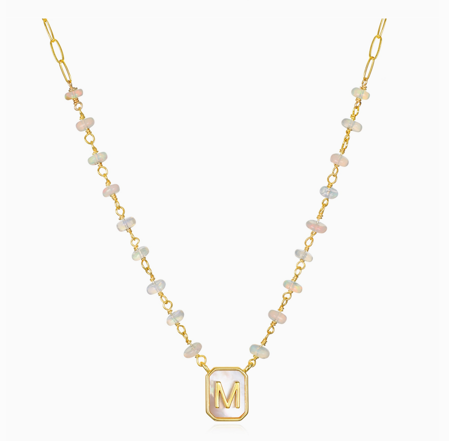 Mother of Pearl & Ethiopian Opal Initial Necklace - Choose Letter - Amelia Rose Jewelry