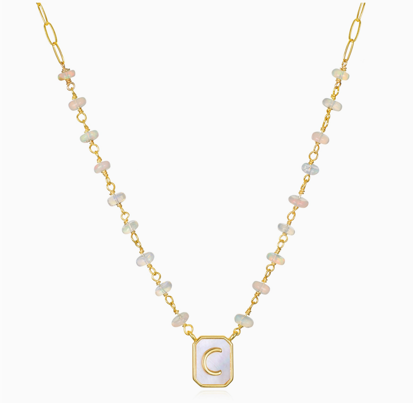 Mother of Pearl & Ethiopian Opal Initial Necklace - Choose Letter - Amelia Rose Jewelry