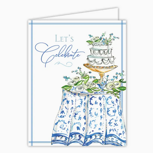 Let's Celebrate Cake and Flowers On Table Greeting Card - RosanneBeck