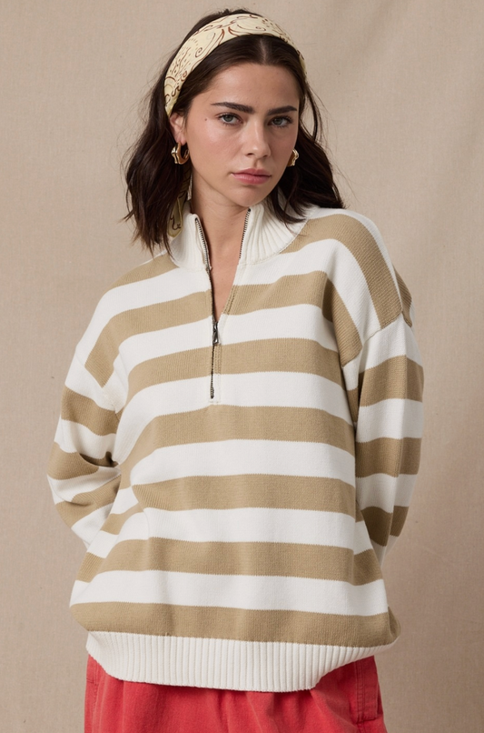 Striped Cotton Half Zip Sweater - Tan/White