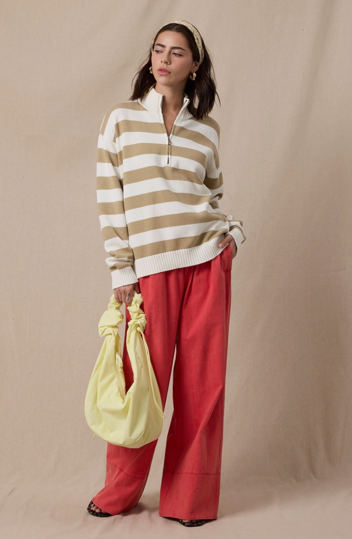 Striped Cotton Half Zip Sweater - Tan/White