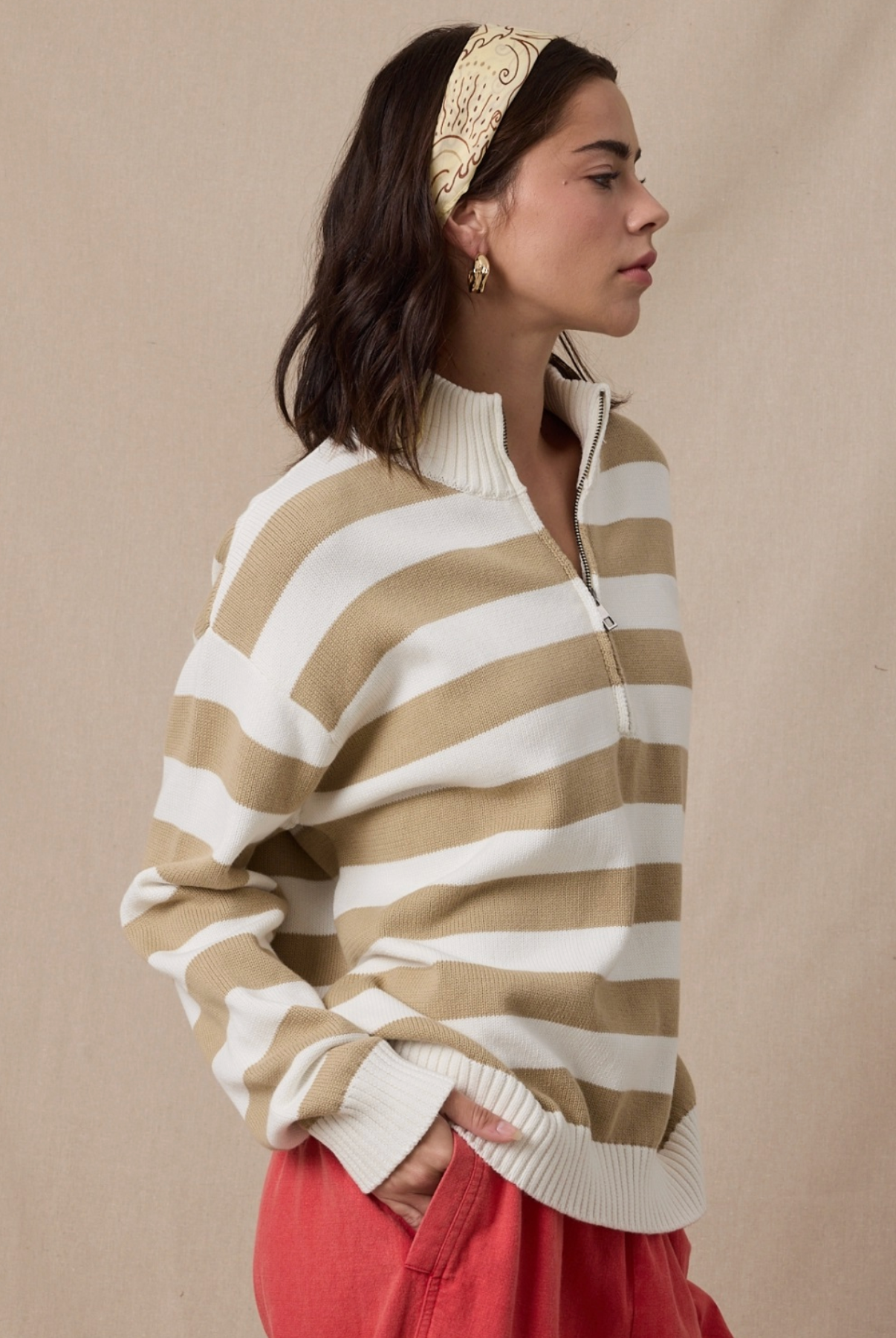 Striped Cotton Half Zip Sweater - Tan/White