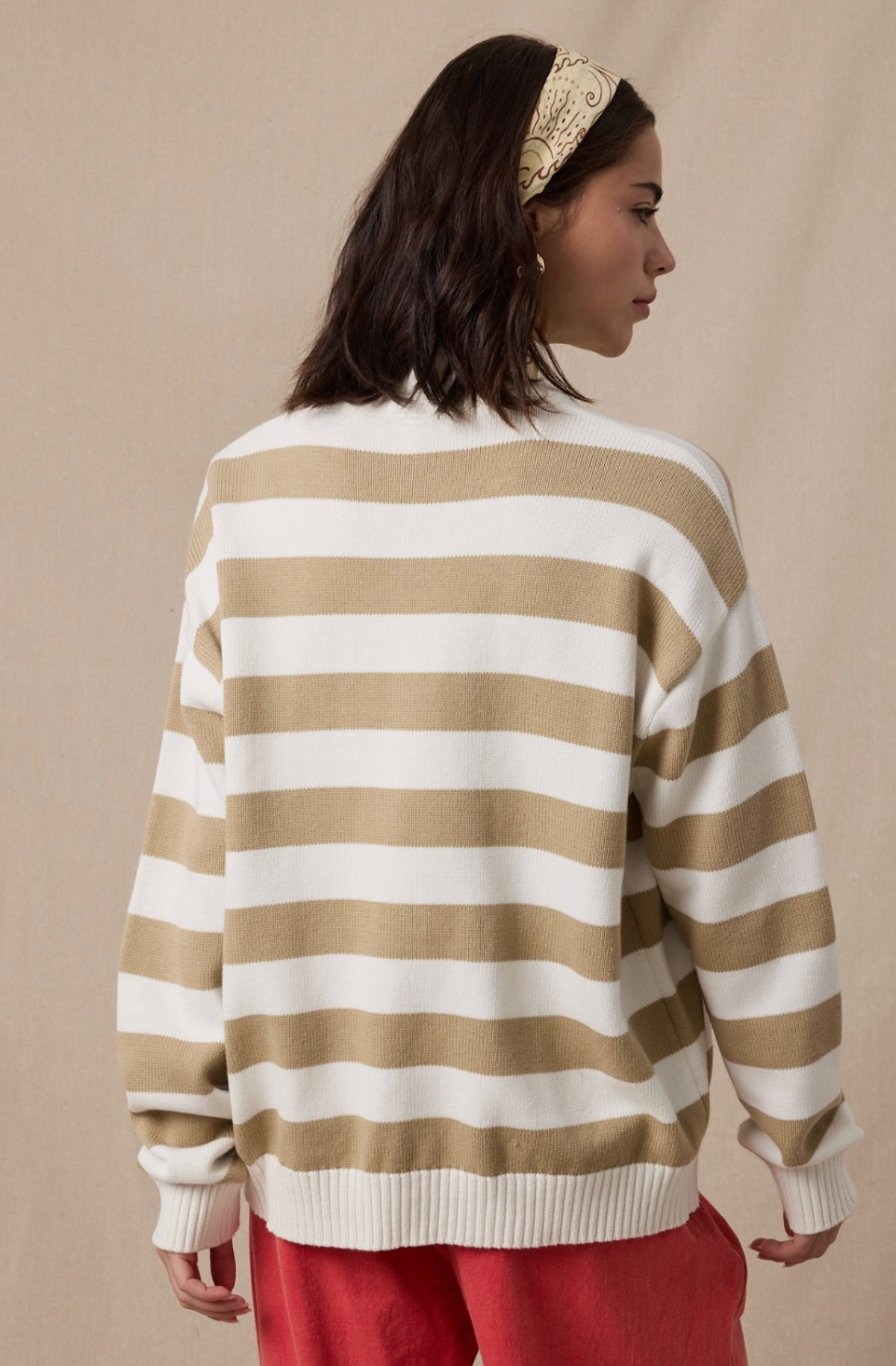Striped Cotton Half Zip Sweater - Tan/White