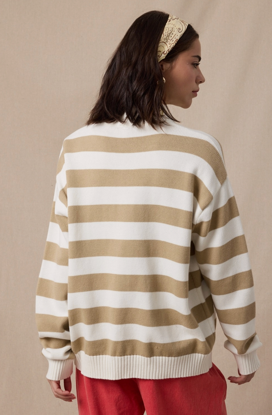 Striped Cotton Half Zip Sweater - Tan/White