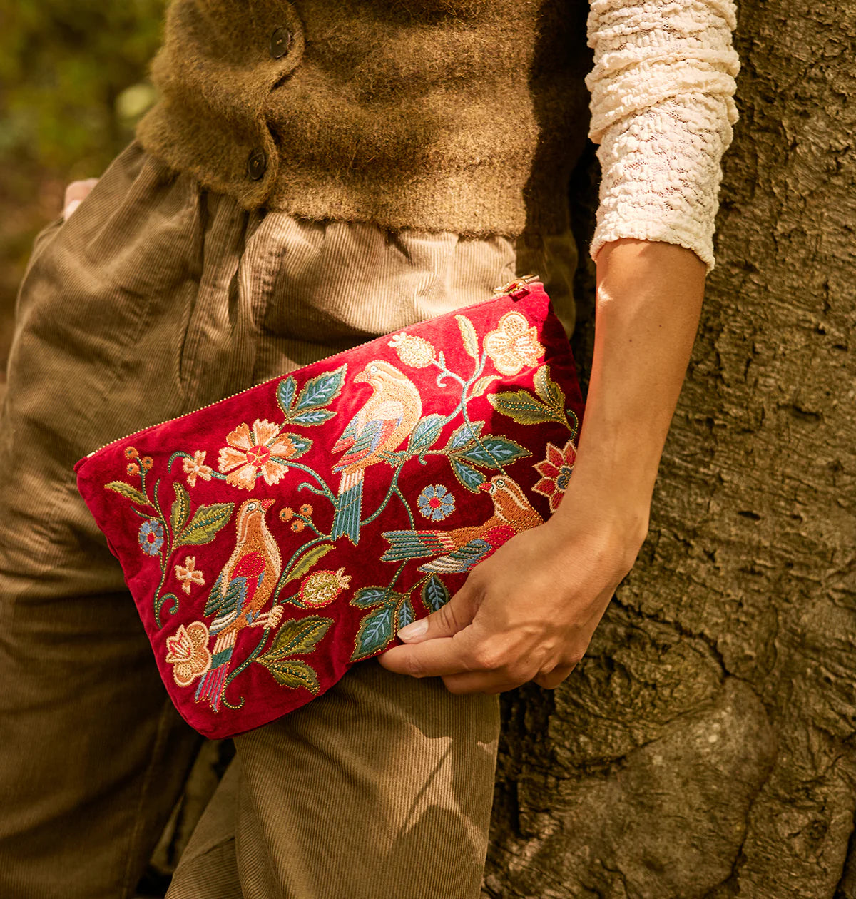 Botanical Birds Velvet Everyday Pouch - Rouge - Elizabeth Scarlett