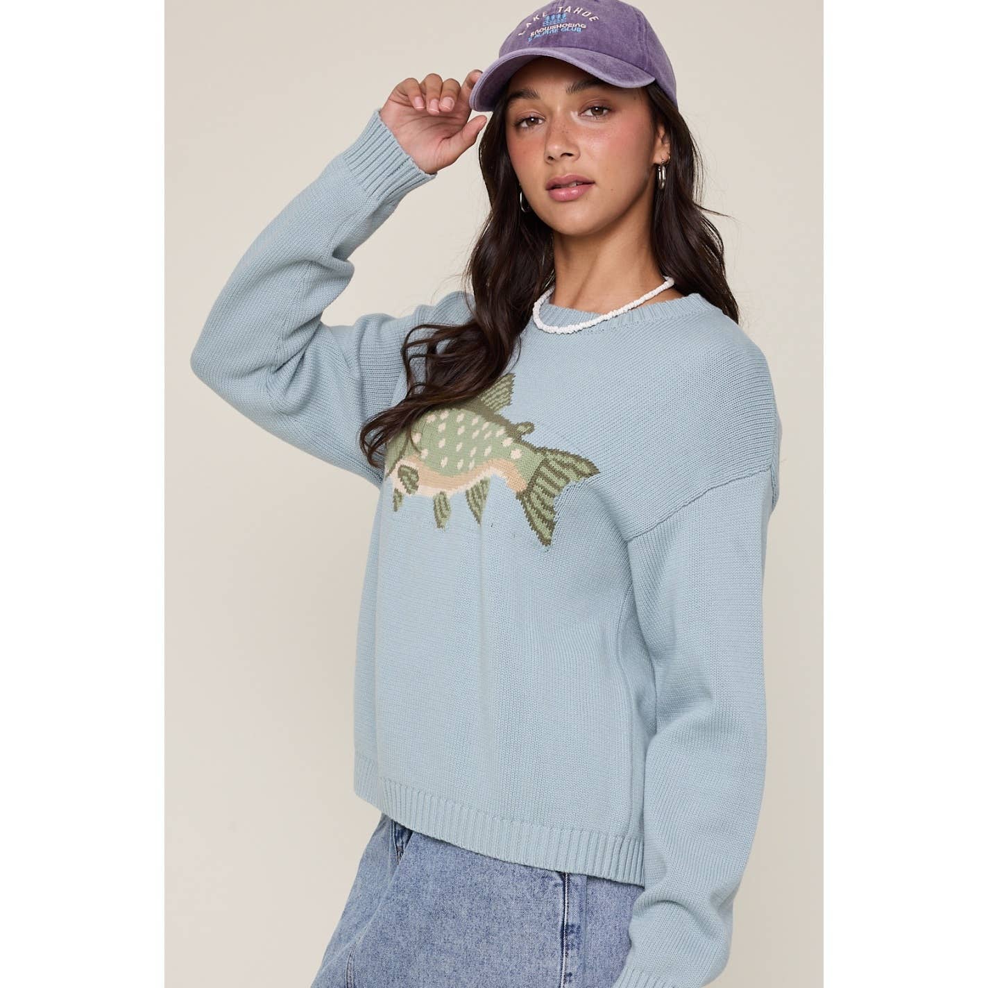 Cotton Crewneck Fish Sweater - Sky Blue