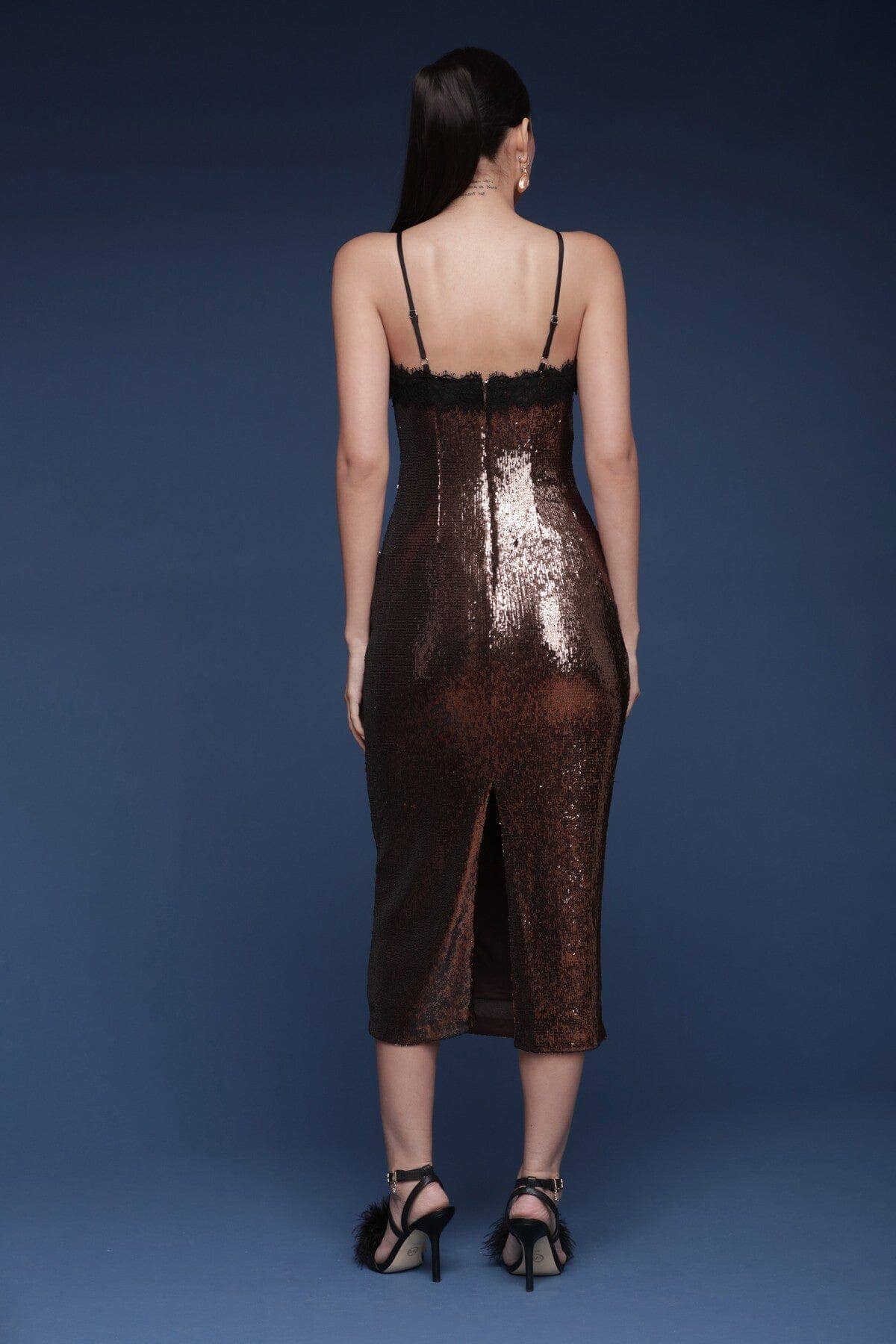 Lace Trimmed Sequin Slip Dress - Chocolate