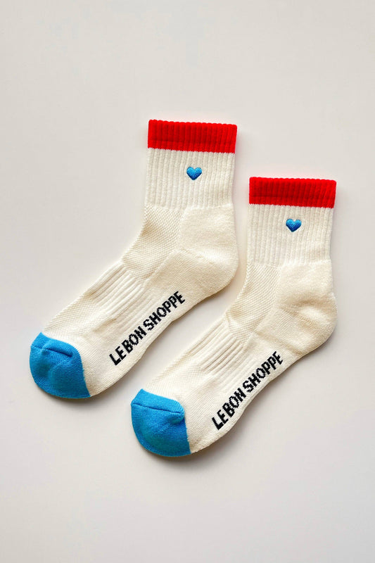 Embroidered Color Block Girlfriend Socks - Blue, Red + Heart