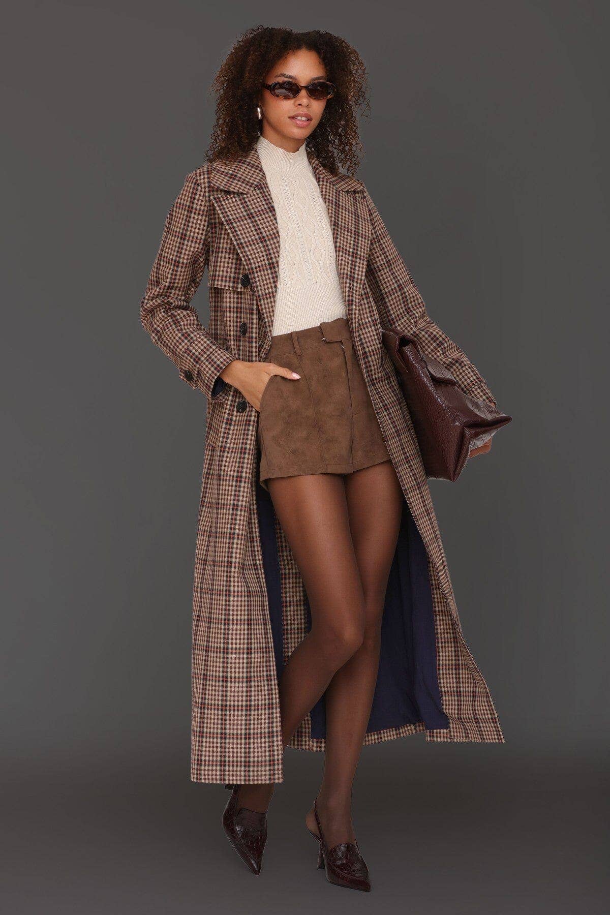 Plaid Belted Maxi Trench Coat - Brown/Orange