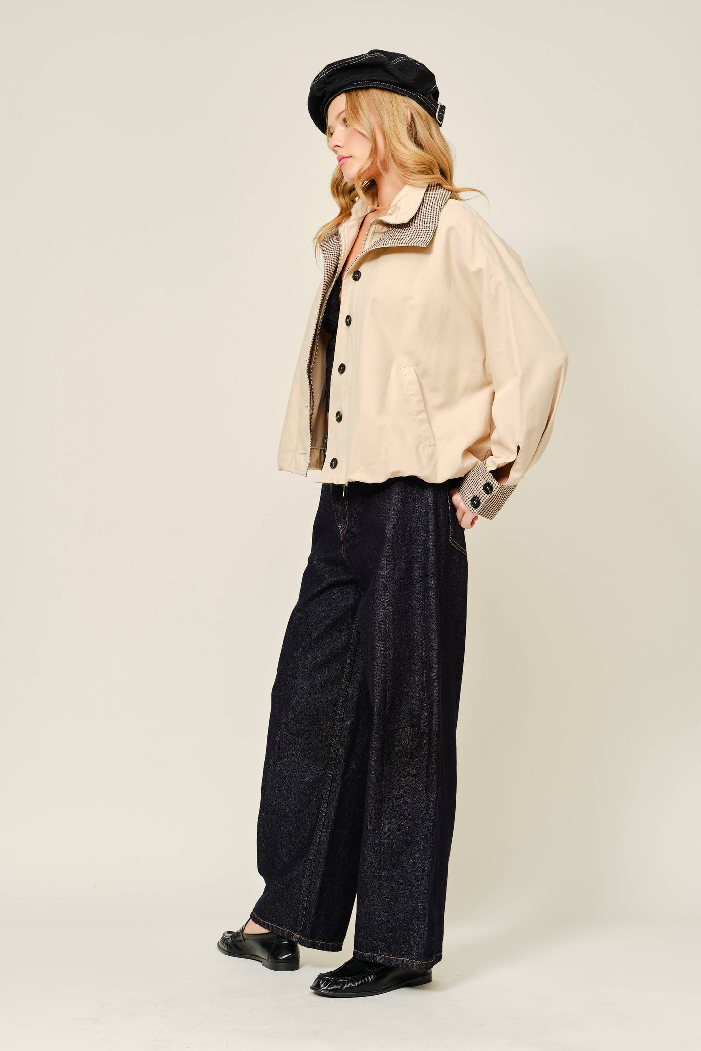 Oversized Bomber Jacket with Plaid Detail