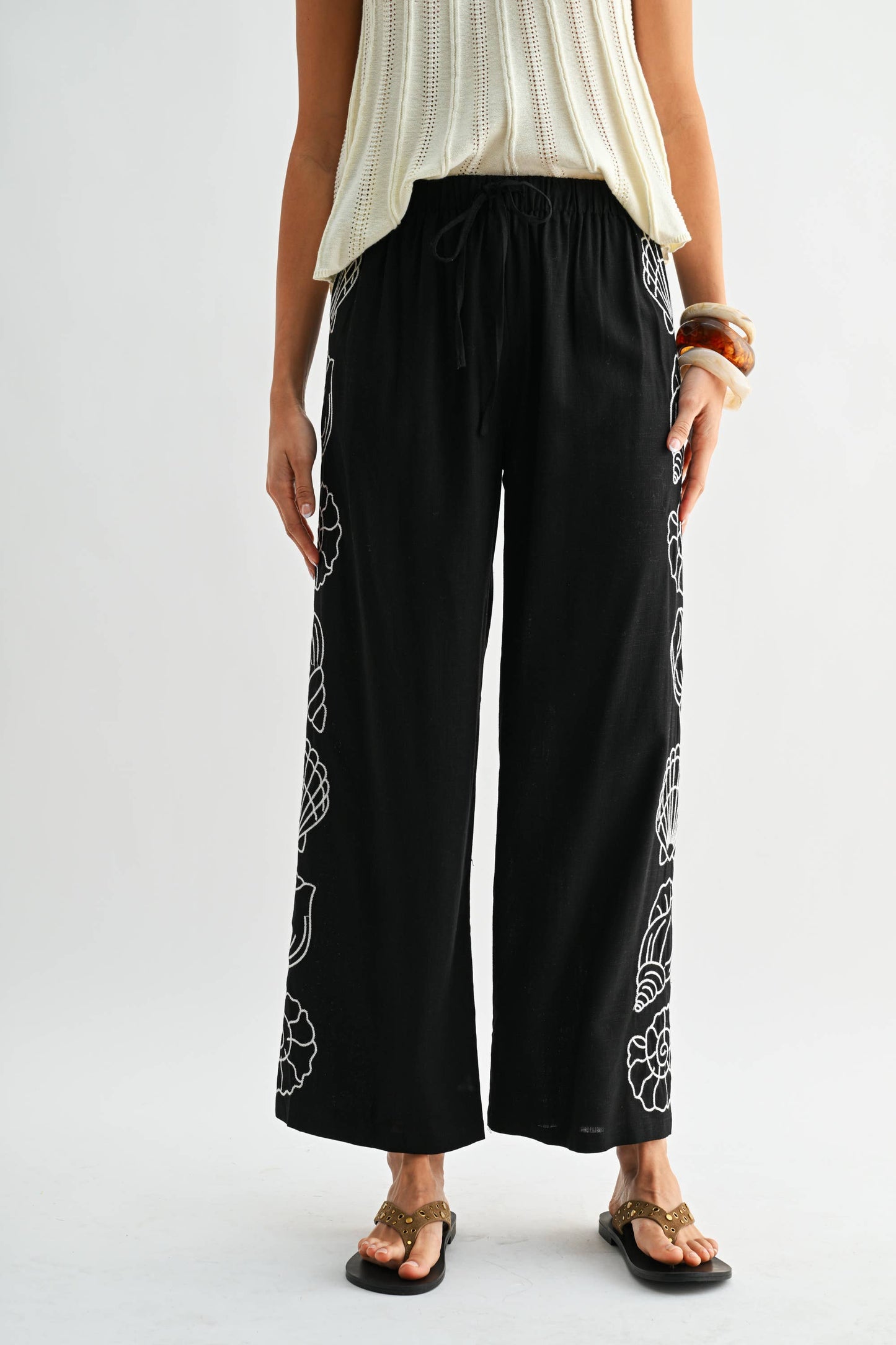 Wide Leg Pants - White Seashell Embroider