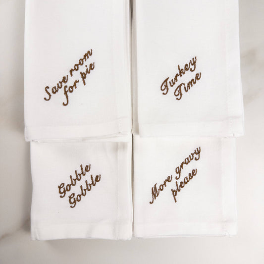 Thanksgiving Sayings Embroidered Dinner Napkin Set: White