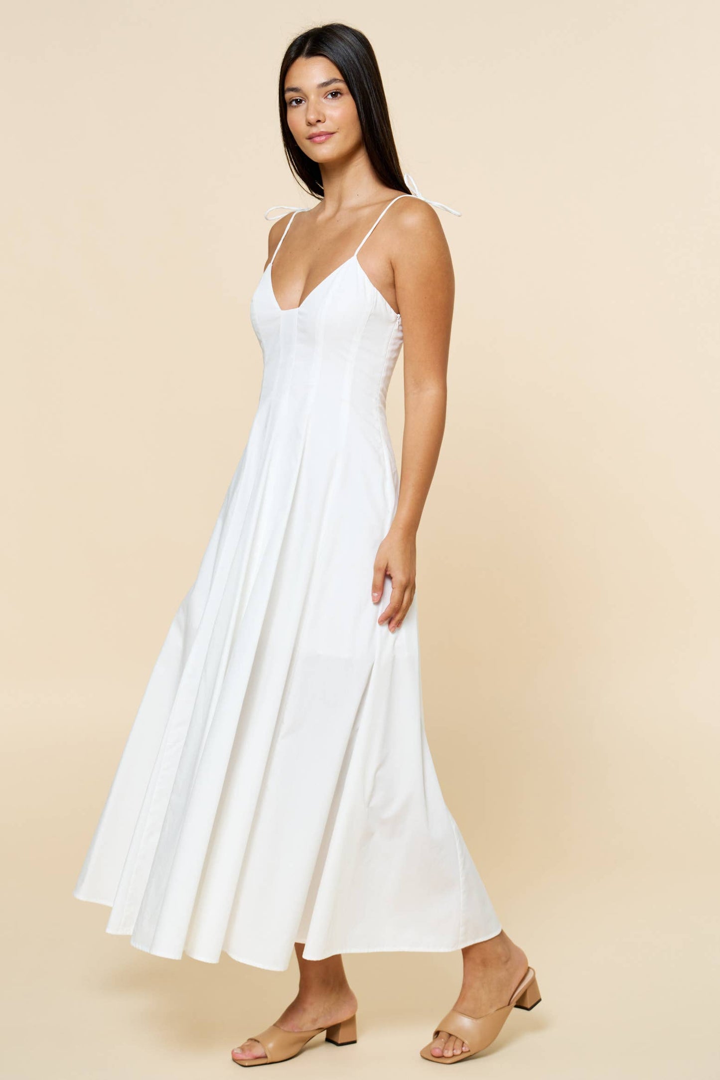 Fit & Flare Shoulder Tie Straps Maxi Dress - Off White