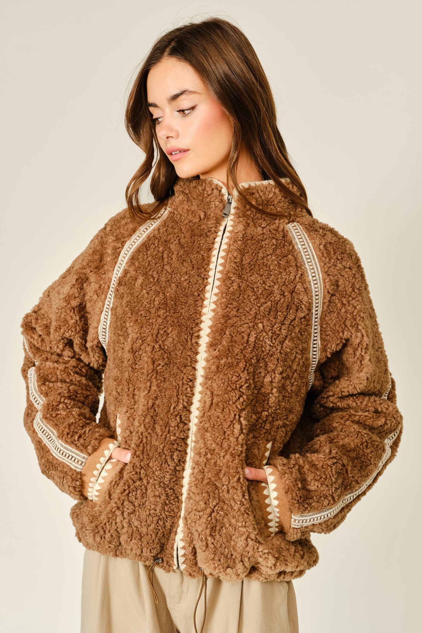 Embroidered Line Soft Teddy Fleece - Camel