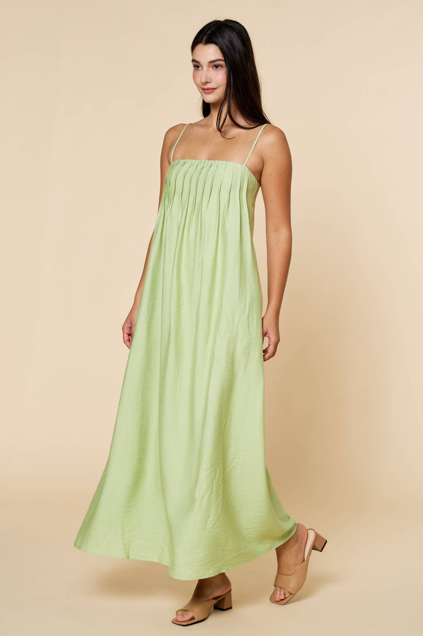 Pleated Spaghetti Straps Maxi Dress - Mint